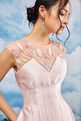 Modyis Blush Satin Midi Dress with Sheer Floral Embroidered Neckline