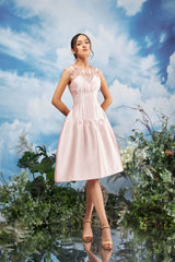 Modyis Blush Satin Midi Dress with Sheer Floral Embroidered Neckline