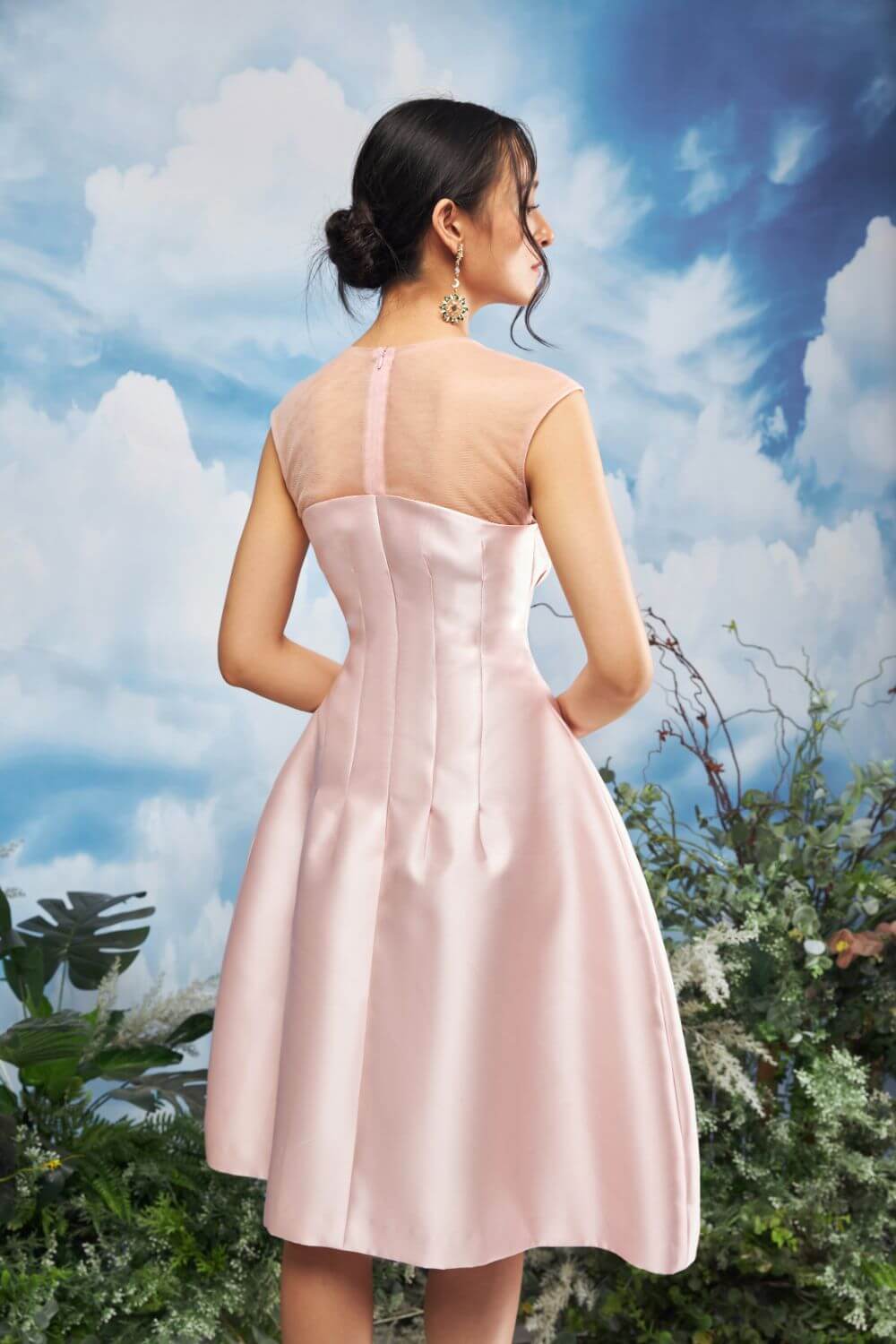 Modyis Blush Satin Midi Dress with Sheer Floral Embroidered Neckline