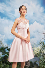 Modyis Blush Satin Midi Dress with Sheer Floral Embroidered Neckline