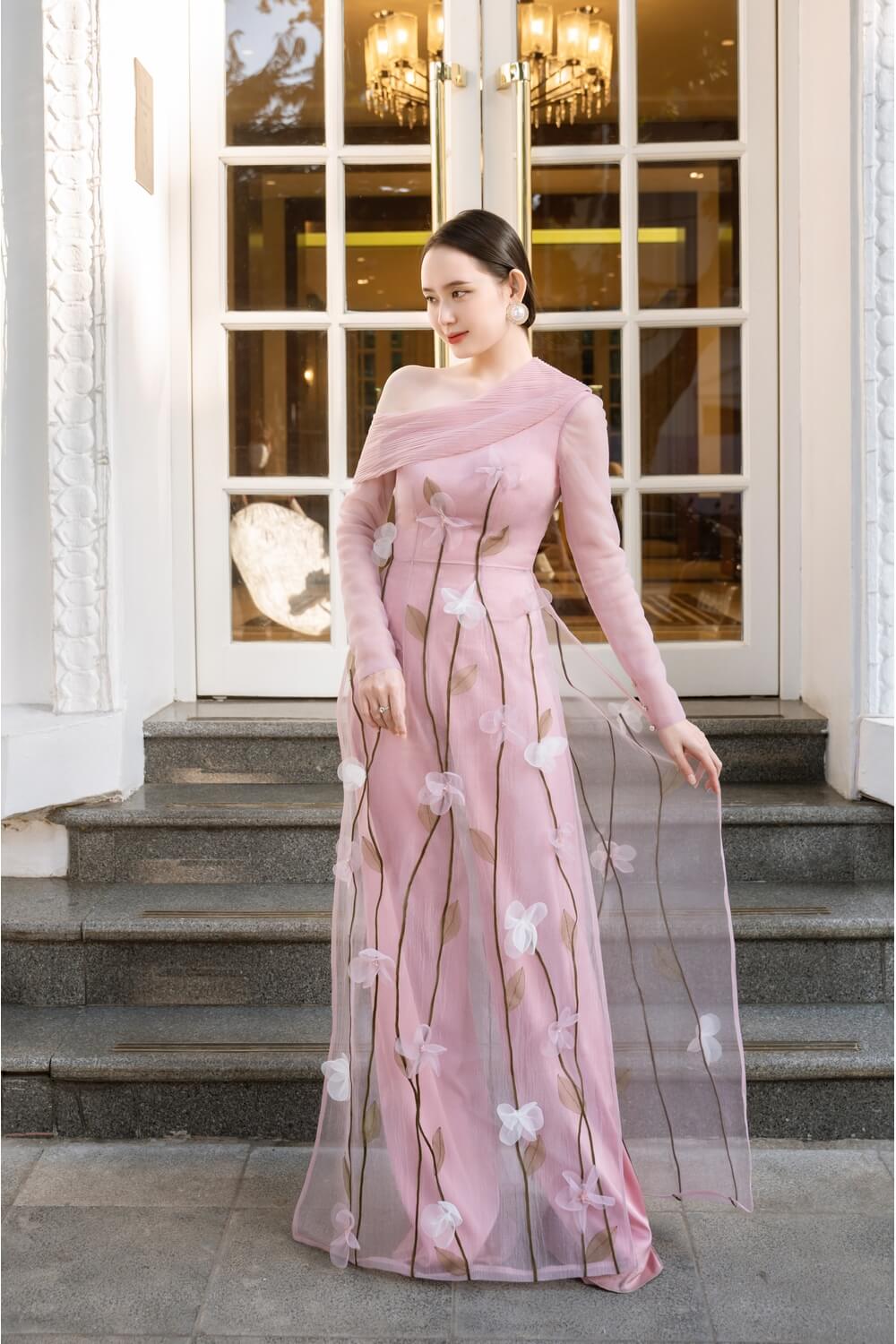 Modyis One-Shoulder Ao Dai - Organza 3D Floral Long Sleeve Maxi Dress