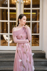 Modyis One-Shoulder Ao Dai - Organza 3D Floral Long Sleeve Maxi Dress