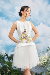 Modyis White Sleeveless A-Line Mini Dress Fairytale Castle Embroidery