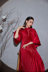 Modyis Crimson Satin Pleated Mock Neck Cape Sleeve Floral Ao Dai Set