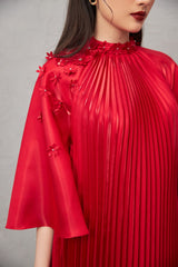 Modyis Crimson Satin Pleated Mock Neck Cape Sleeve Floral Ao Dai Set