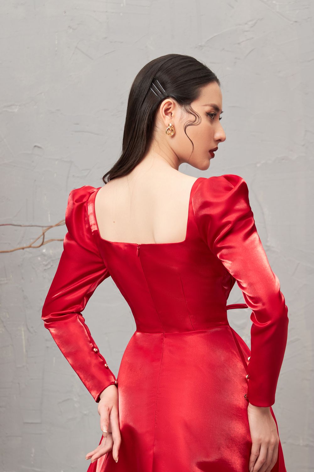 Modyis Crimson Pleated Mini Dress with Puff Sleeves & Tie Waist