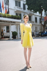 Modyis Crimson Pleated Mini Dress with Puff Sleeves & Tie Waist