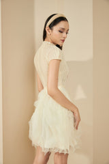 Modyis Cream Pleated Bodice Mini Dress with Puffy Tulle Skirt