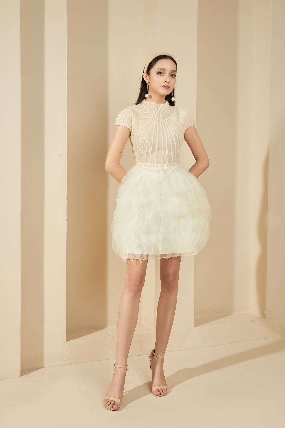 Modyis Cream Pleated Bodice Mini Dress with Puffy Tulle Skirt