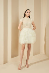 Modyis Cream Pleated Bodice Mini Dress with Puffy Tulle Skirt