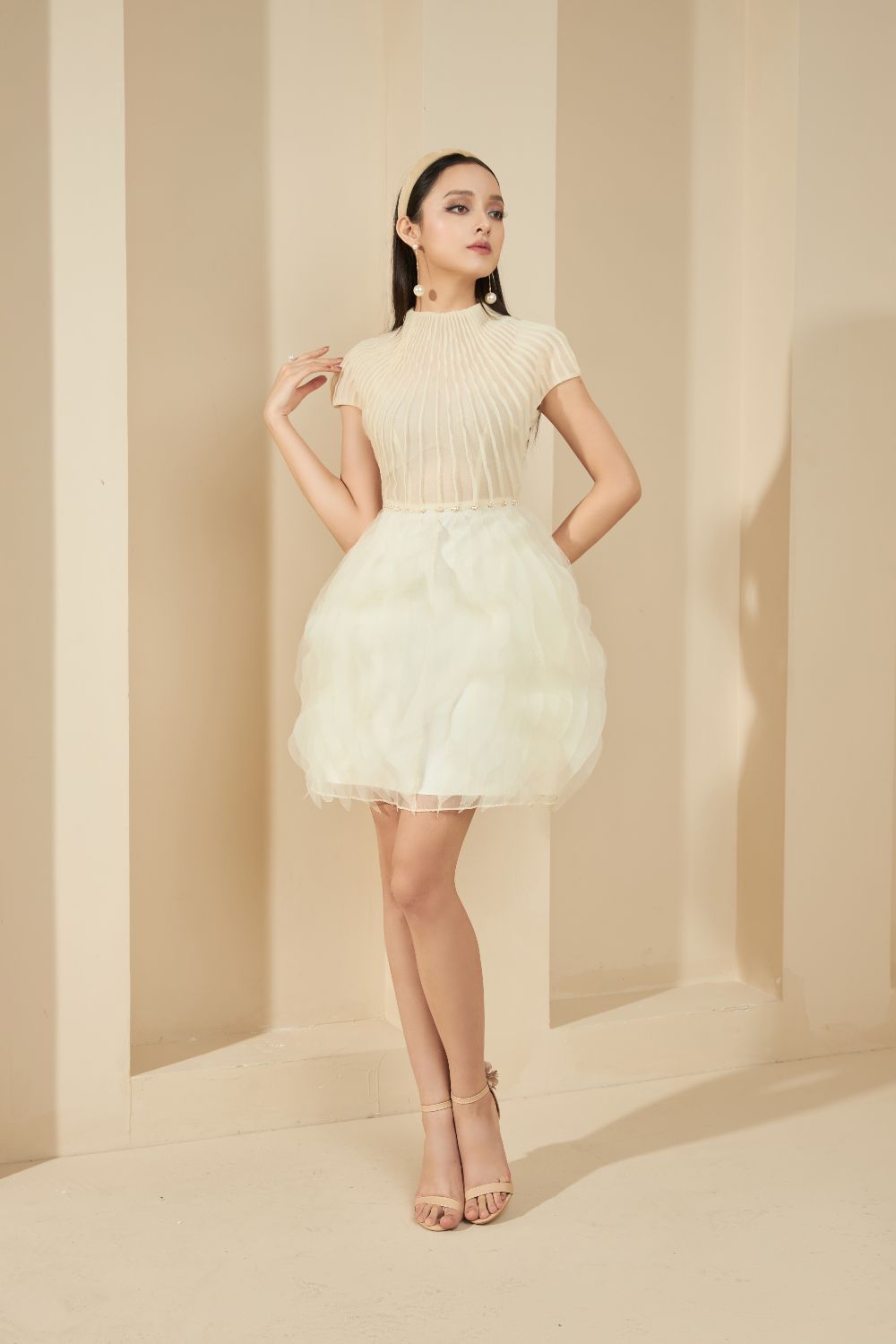 Modyis Cream Pleated Bodice Mini Dress with Puffy Tulle Skirt