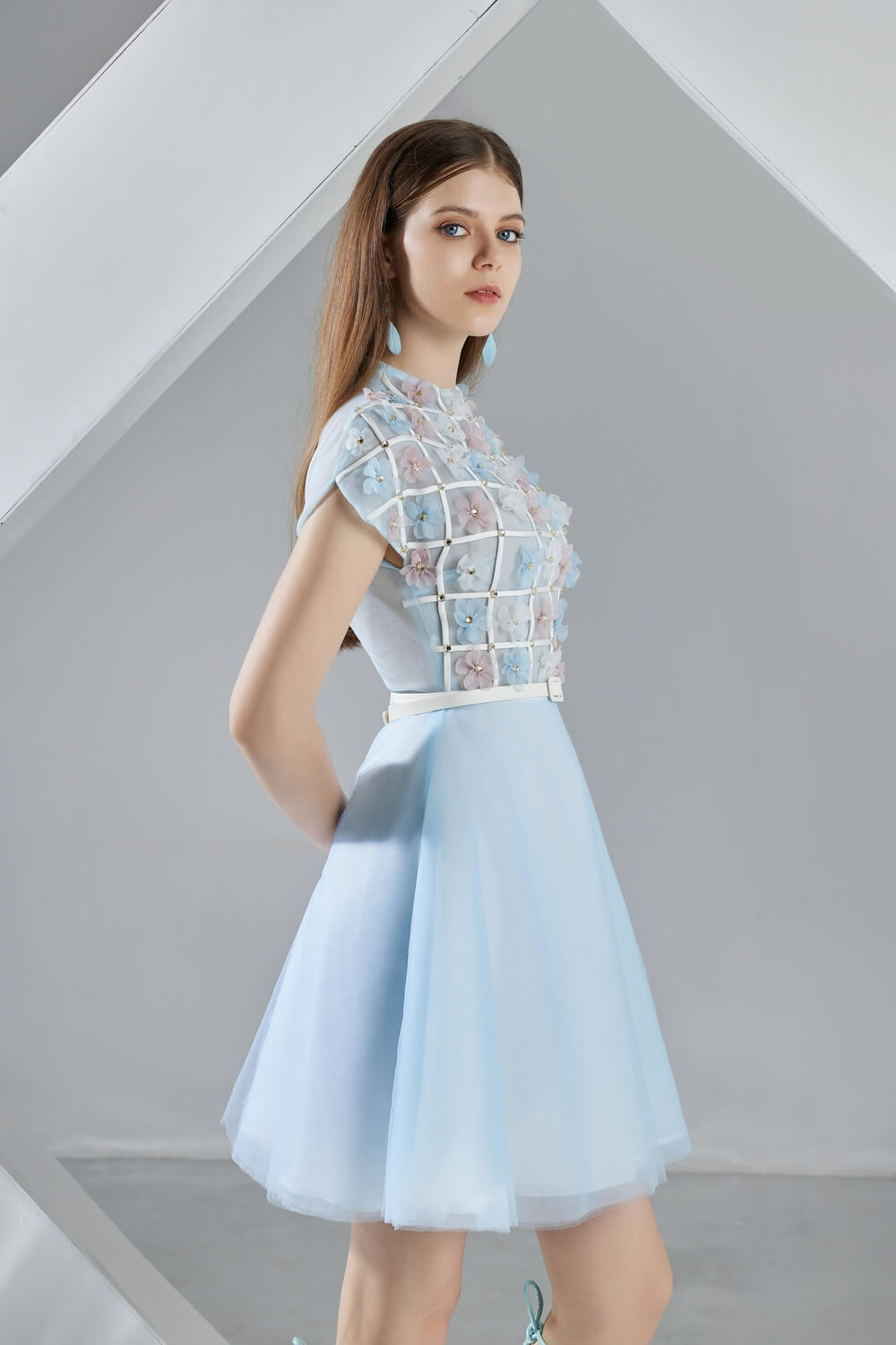 Macy A-line Short Sleeved Organza Mini Dress