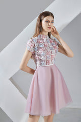 Macy A-line Short Sleeved Organza Mini Dress