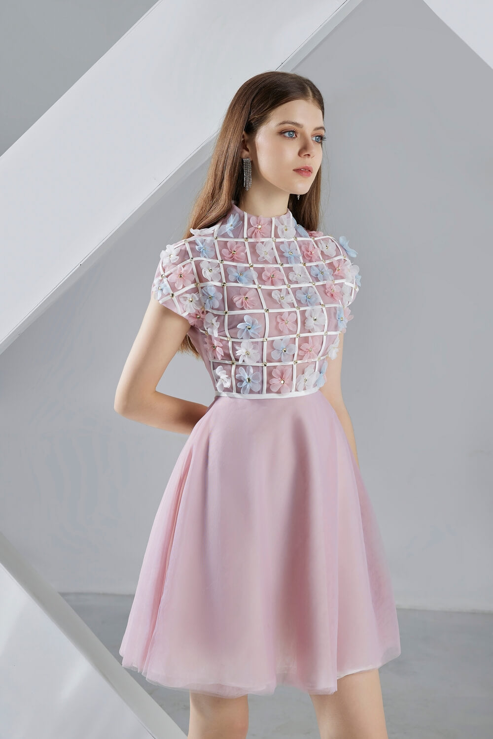 Macy A-line Short Sleeved Organza Mini Dress