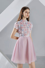 Macy A-line Short Sleeved Organza Mini Dress