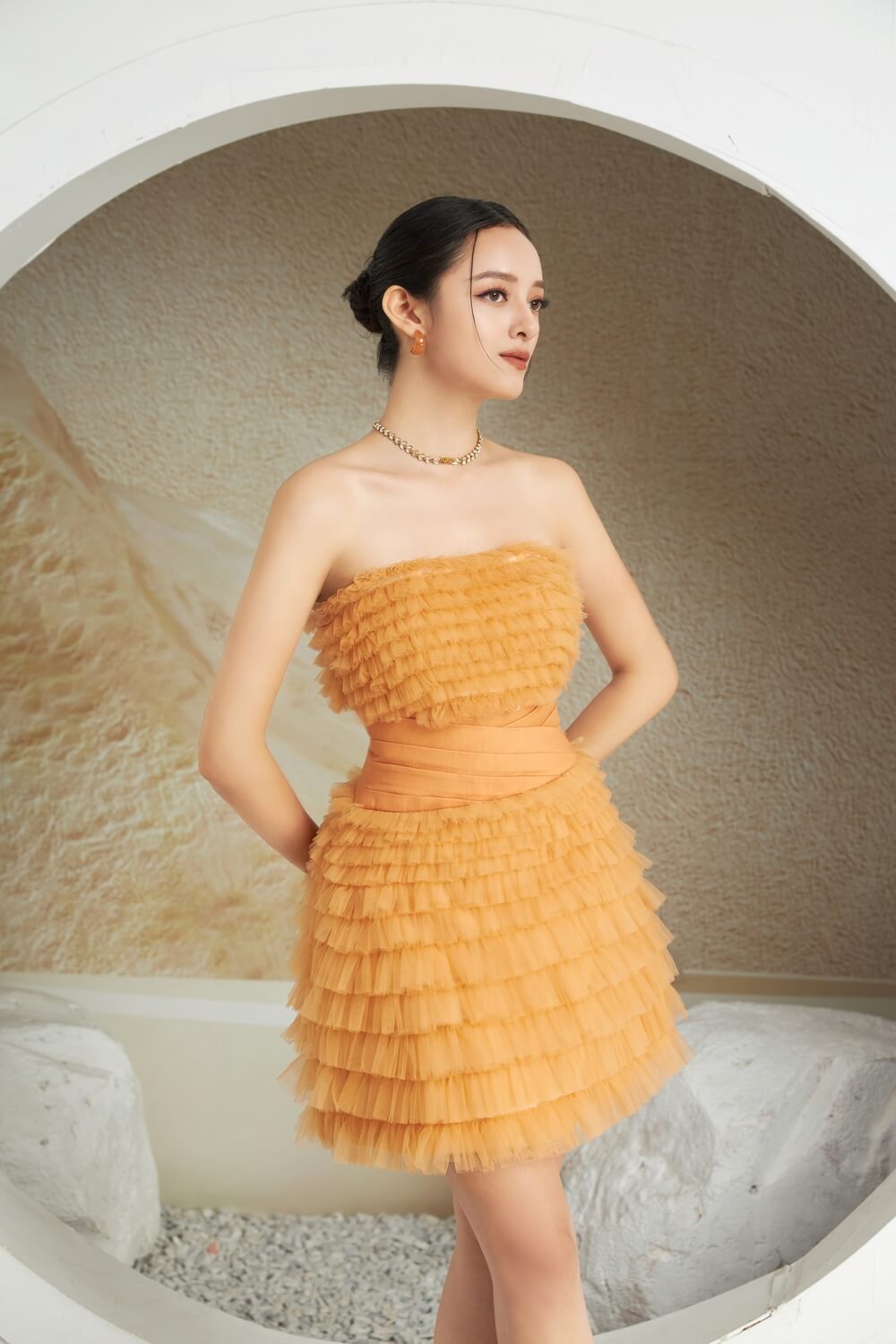Modyis Amber Strapless Tiered Tulle Mini Dress Criss Cross Waist
