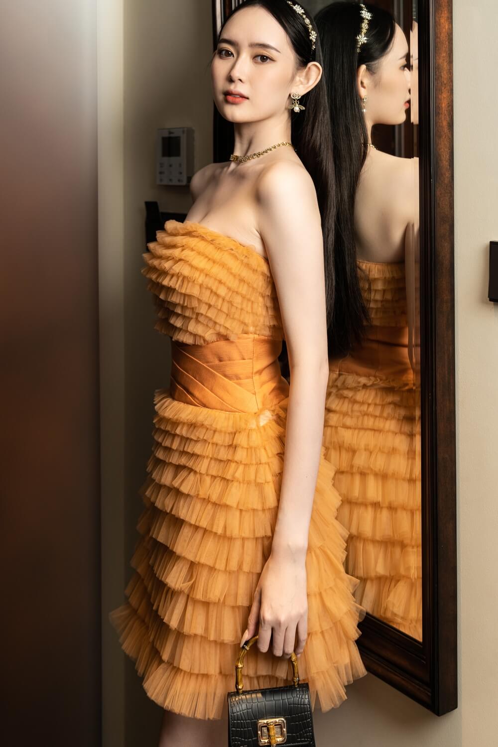 Modyis Amber Strapless Tiered Tulle Mini Dress Criss Cross Waist