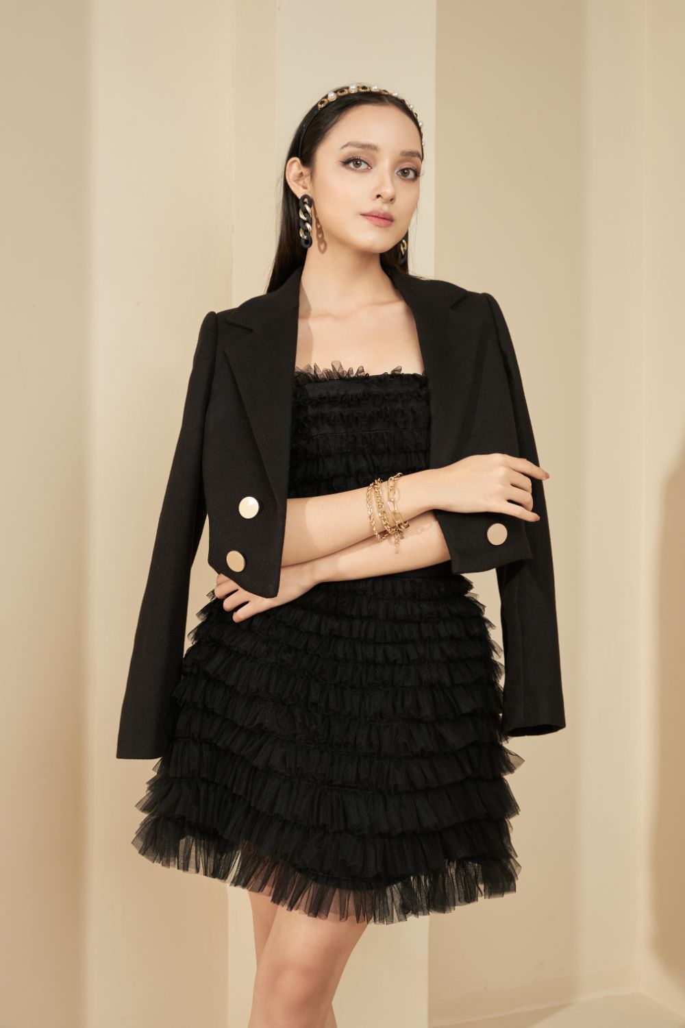 Modyis Amber Strapless Tiered Tulle Mini Dress Criss Cross Waist