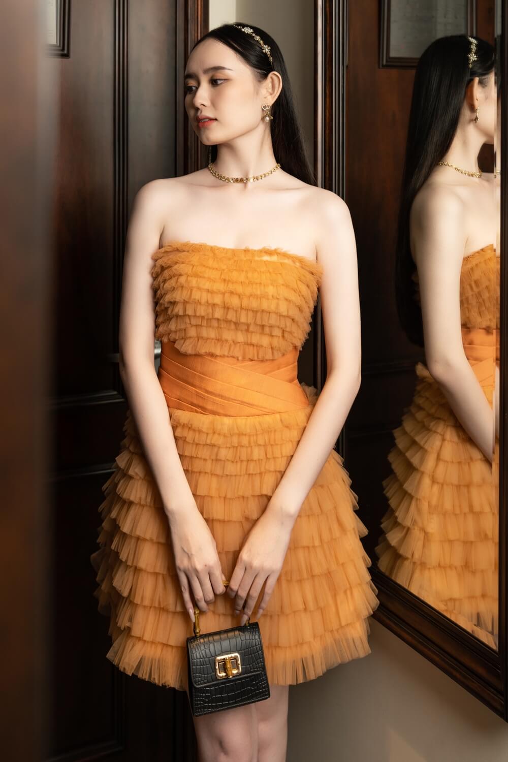 Modyis Amber Strapless Tiered Tulle Mini Dress Criss Cross Waist