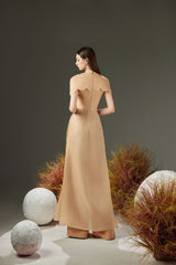 Modyis Champagne Cape Sleeve Ao Dai Gown with Pearl Embellished Collar