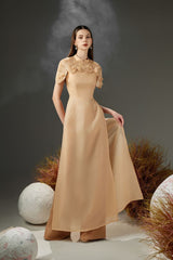 Modyis Champagne Cape Sleeve Ao Dai Gown with Pearl Embellished Collar